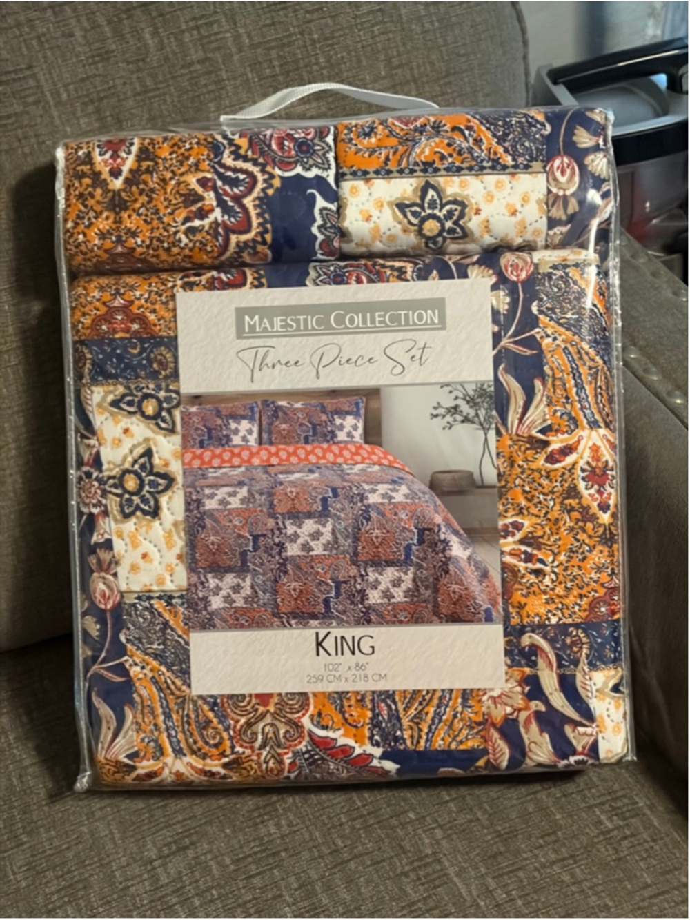 Majestic Boho Style Collection King Quilt Set Orange Blue Paisley Patchwork